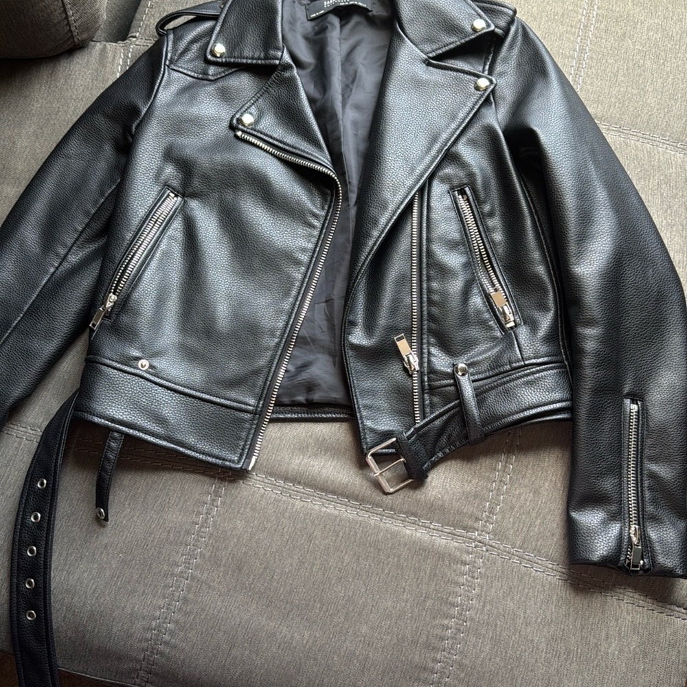 Zara Black Leather Moto Jacket with Asymmetrical Zipper